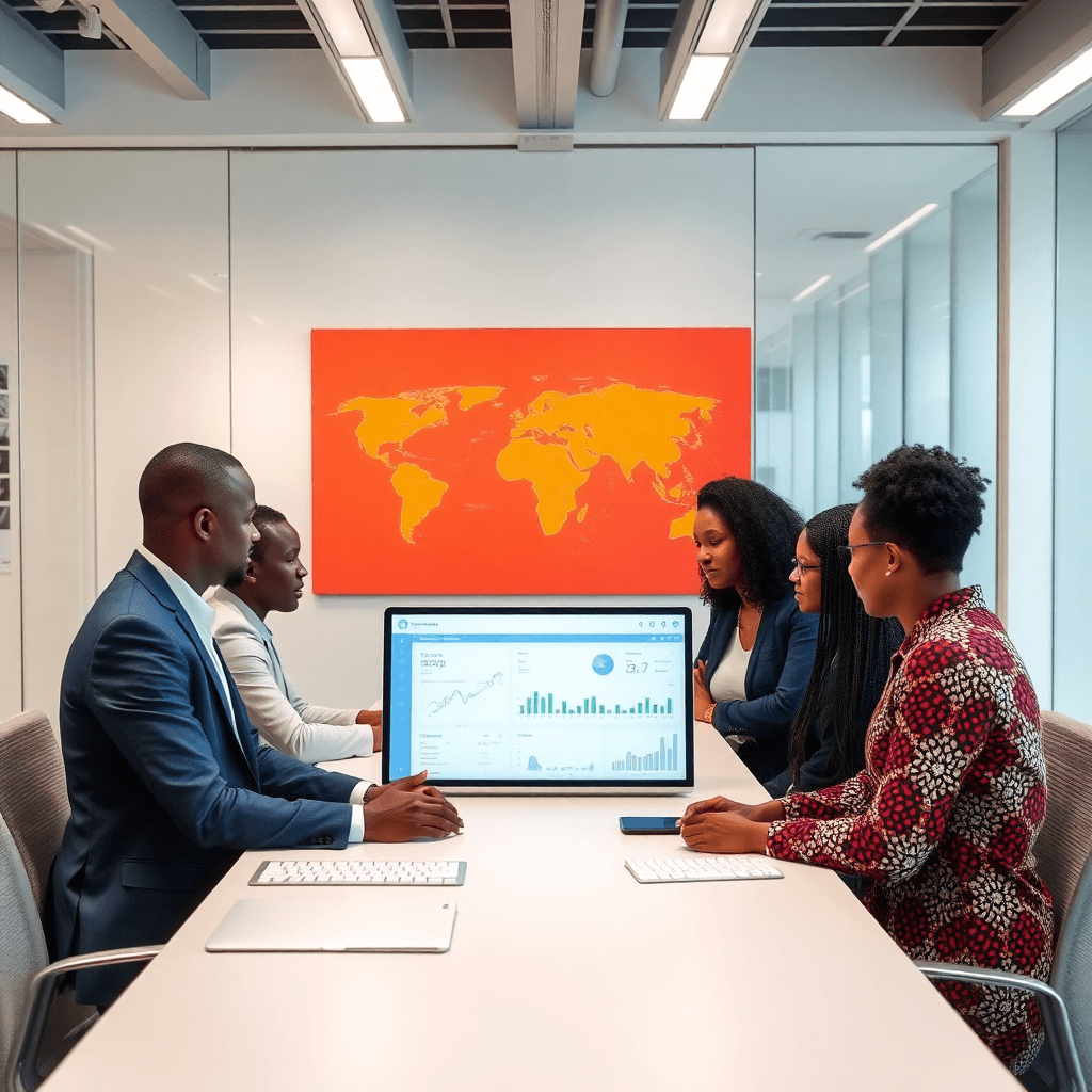 diverse African telecommunications professionals collaborating around data dashboard in modern Johannesburg office