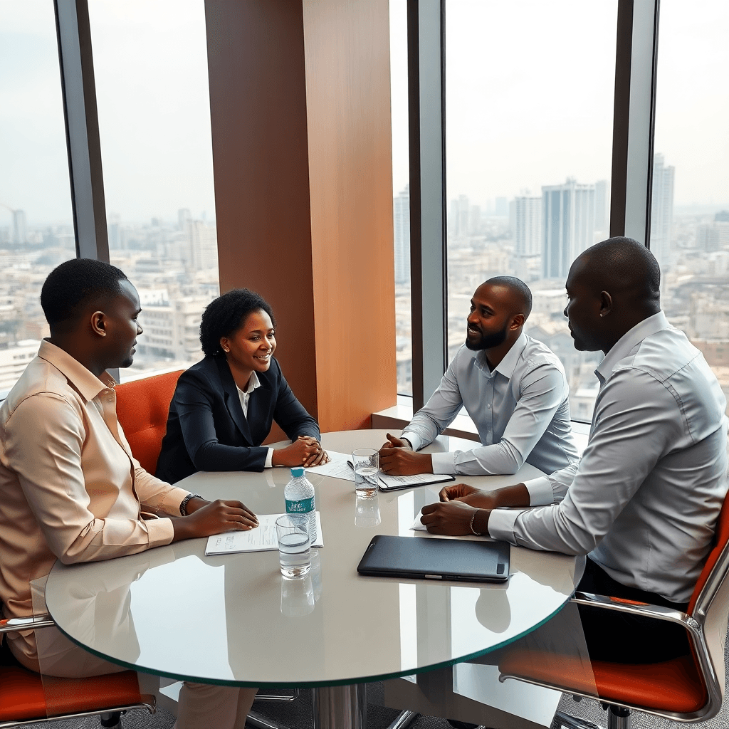 African telecommunications team meeting in modern Lagos office with city skyline, professional corporate photography