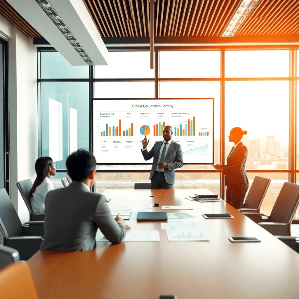 African business consultants presenting strategic roadmap with charts and graphs in modern boardroom setting