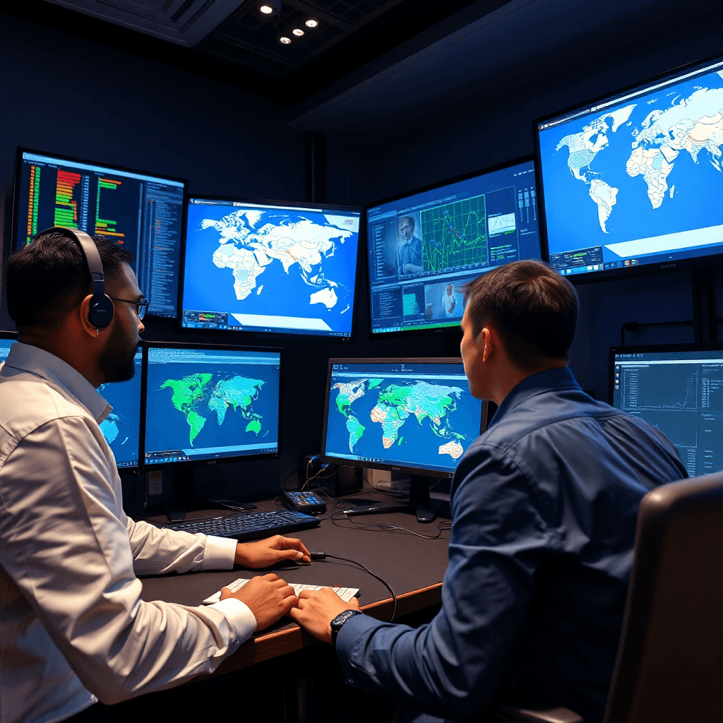 professional African telecom engineers monitoring network operations center with multiple screens showing network data and African map connectivity
