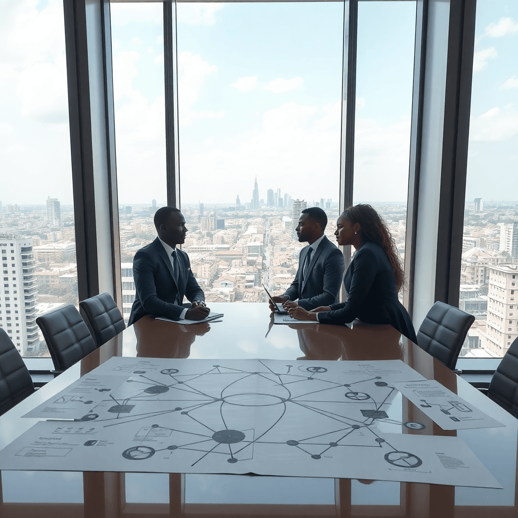 modern African business professionals in boardroom with telecommunications network diagrams, Lagos skyline visible through windows